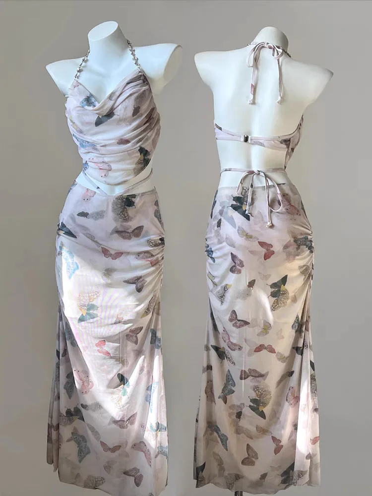 セクシーな kpop バタフライプリント水着 3 個ラインストーンホルターネクタイベストとロングカバースカートビキニパッド入り水着 biquini タンキニ