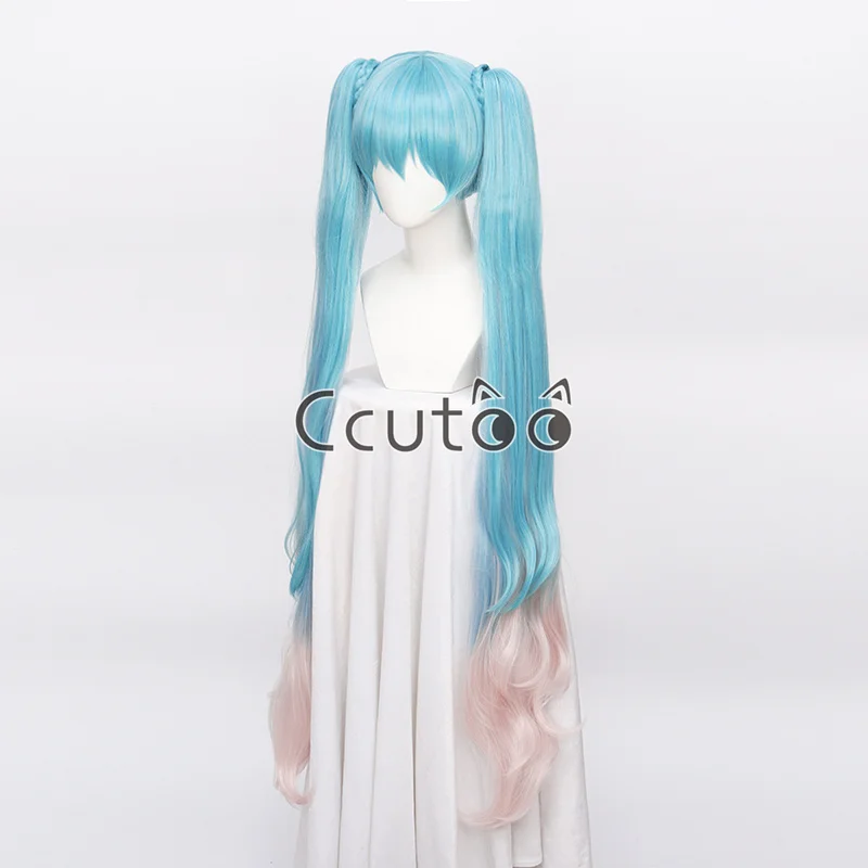 NEW Magic Miku Long Blue Gradiently Pink Synthetic Hair Cosplay Costume Wigs Chip Removable Ponytails + Wig Cap