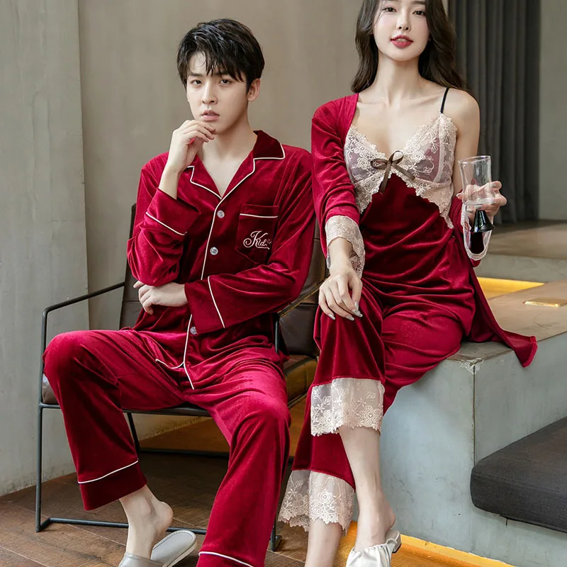 

Autumn Couple Velvet Pajamas Suit Lovers Sleepwear Men Shirt Pant 2Pcs Nightwear Women Velour Robe Sling Pants 3Pcs Homewear