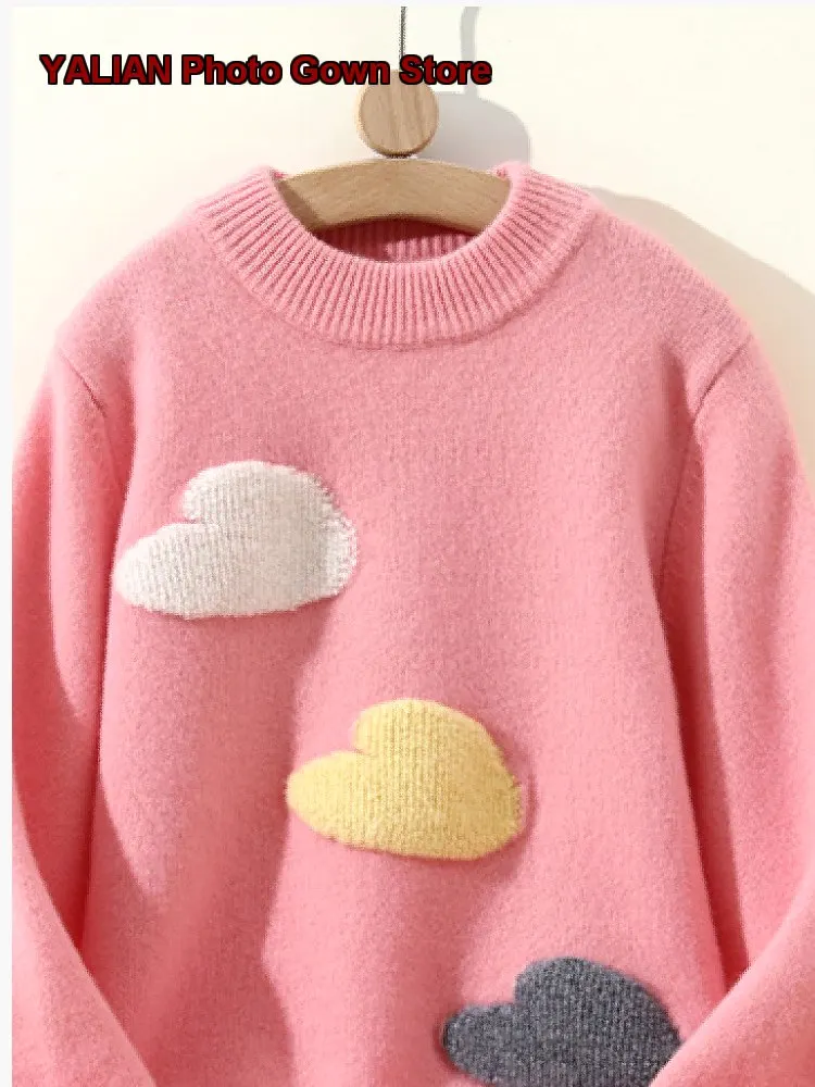Kids Knit Top Girls Super Cute Cloud Embroidery Thickened Soft Infant