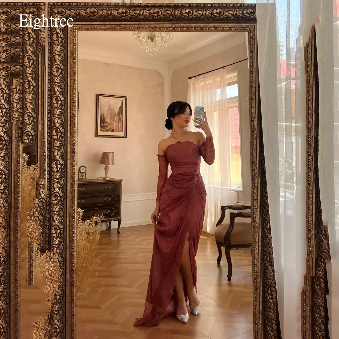 

Eightree Elegant Mermaid Prom Dresses Strapless Party Gowns Lace Side Slit Floor Length Evening Dress Gown Customized