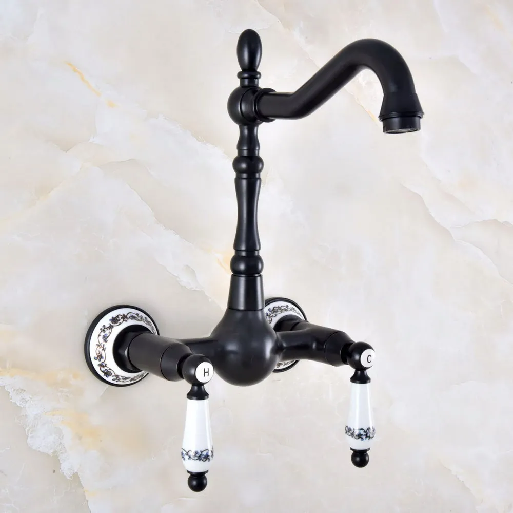 

Dual Handle Duals Hole Wall Mount Basin Faucet Oil Rubbed Bronze Bathroom Vanity Kitchen Sink Cold Hot Water Mixer Taps Dnf862