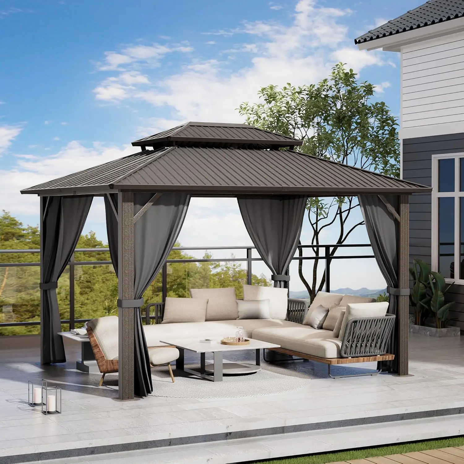 

12'x16' Hardtop Gazebo, Grey Aluminum Frame, Galvanized Steel Double Roof, Netting, Curtains, for Patio, Lawns, Deck, Backyard