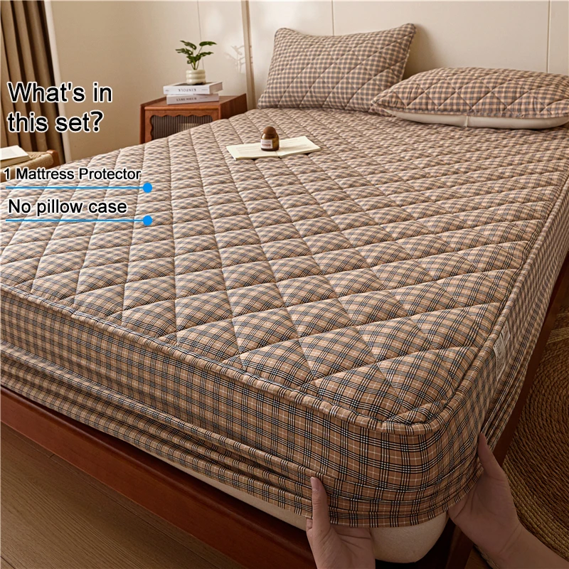 Waterproof Quilted Fitted Mattress Protector, Cotton Top Layer Plaid Mattress Cover, Non‑Slip Bed Pad, Liquid & Stain Resistant