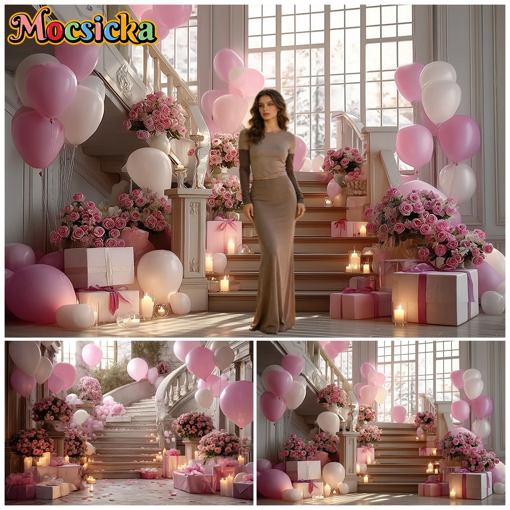 

Mocsicka Mother's Day Photography Background Flowers Staircase Decors Adult Woman Girl Portrait Photo Backdrops Studio Wallpaper