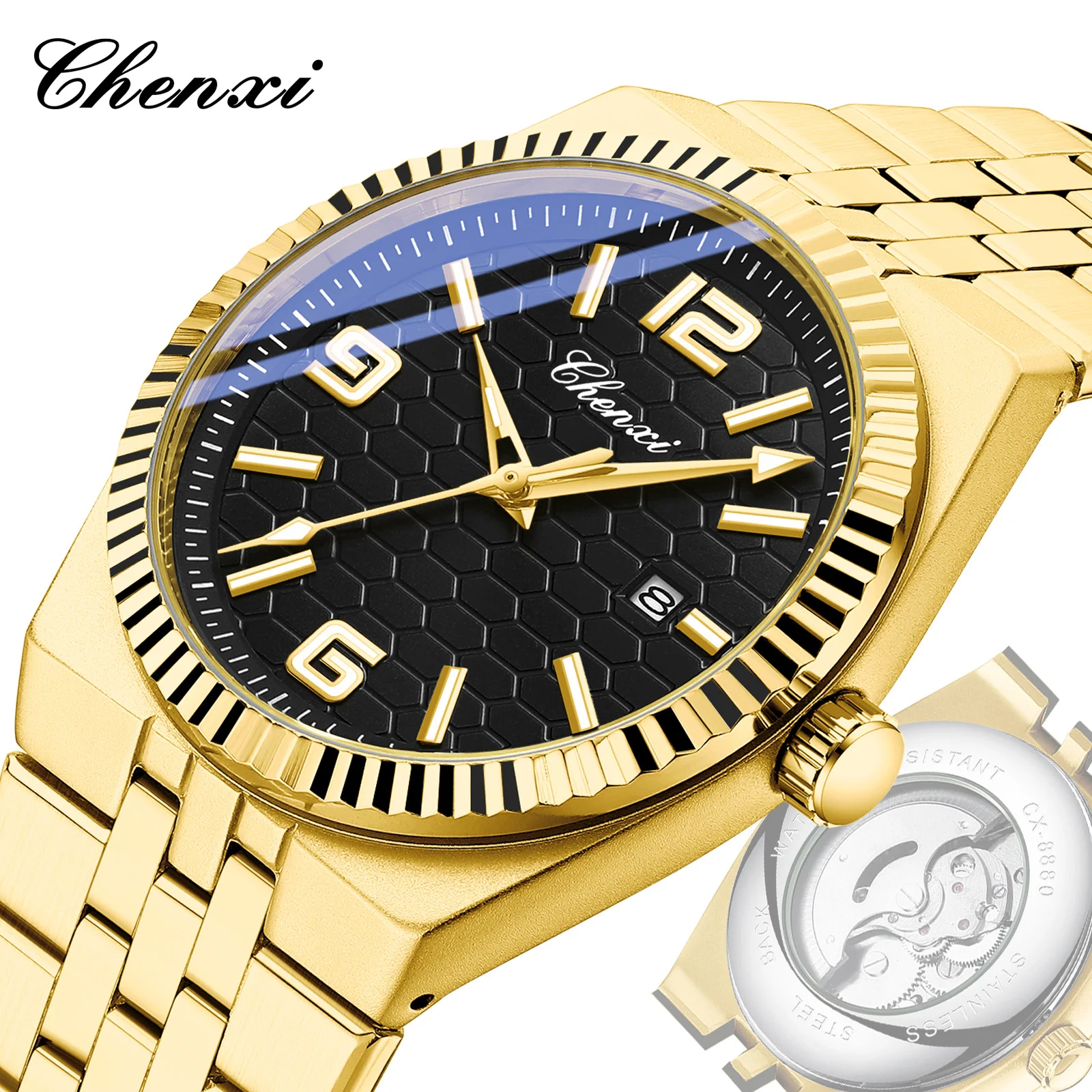 CHENXI High-end Men Gold Automatic Mechanical Watch Stainless Steel Luxury Business Dress Wristwatch