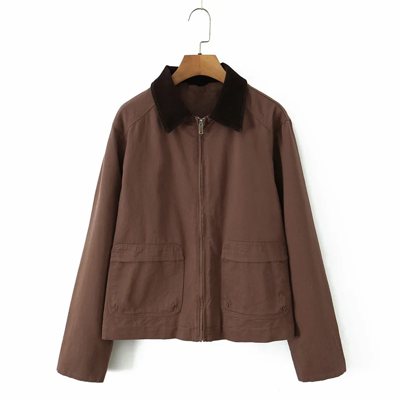 Kurtka damska Maxdutti w stylu francuskim, luźna, vintage, patchworkowa, z kołnierzykiem, topy, kurtka boyfriend, odzież robocza, kurtka cargo, kurtka bomberka, topy