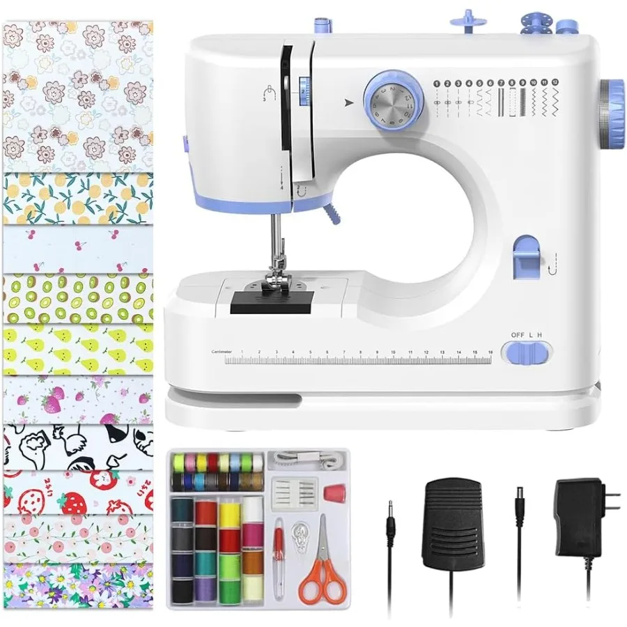 

Portable Sewing Machine for Beginners with 20Pcs Fabric 32Pcs Sewing Threads Kit 12 Built-in Stitches Lightweight Metal Body Bl