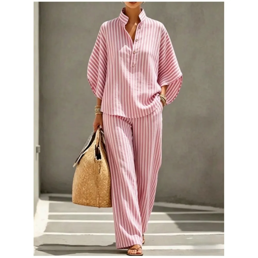 Women Button-down Stand-up Collar Striped Shirt Suit Spring Fashion Loose Bat Sleeve Female Casual Vacation Trousers 2 Piece Set