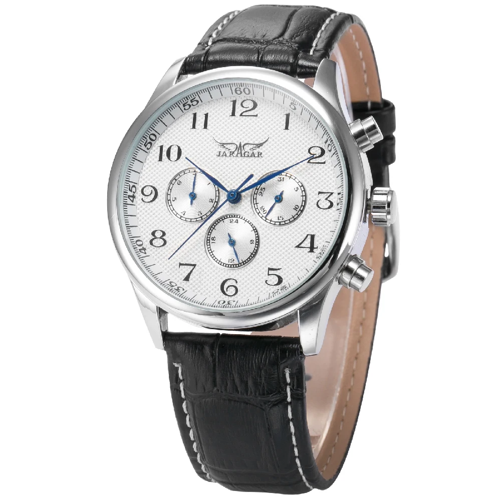JARAGAR Classic Men\'s Watch Automatic Mechanical Self-Wind Day Date 24 Hour Genuine Leather Strap Business Wristwatch Male Clock