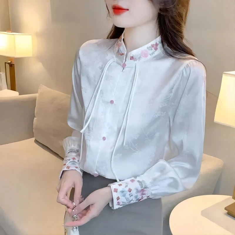 Spring Autumn New Fashion Stand Collar Long Sleeve Button Blouses Women\'s Clothing Chinese Style Embroidered Vintage Chic Shirts