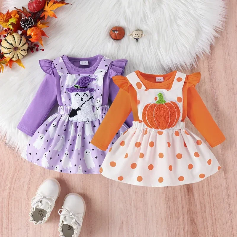 

Baby Halloween Costumes Princess Fall Newborn Girls Skirt Sets Outfits Flying Sleeve Romper Pumpkin Suspender Skirt Clothing Set