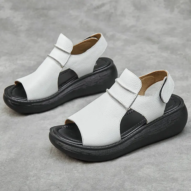 Women Summer Sandals Genuine Leather Flat Platform Sandals For Women Hollow Out Breathable Wedge Sandals Ladies Casual Sandals image 4