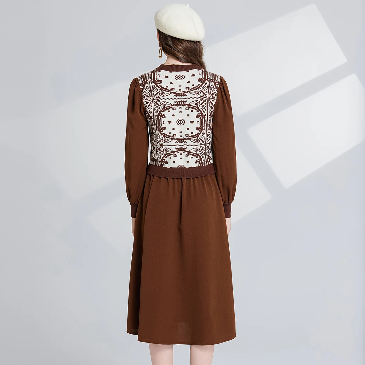 Autumn and Winter Ladies' European and American Style Classical Jacquard Pattern Round Neck Long Sleeve Waist Splicing Dress