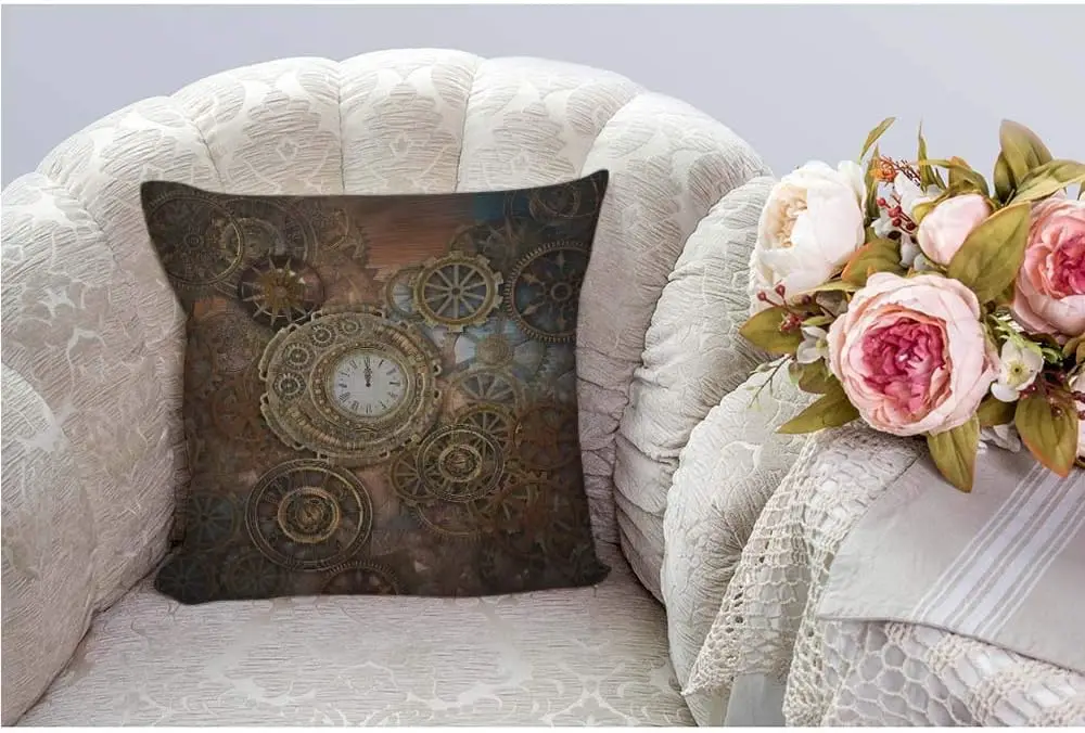 Steampunk Throw Pillow Cover,Rusty Steampunk with Clock and Different Gears Metal Machine Gold Bronze Decorative