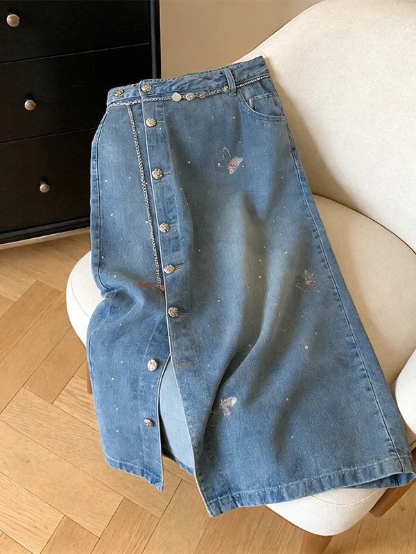 Slimming A-Line  Skirt with Single Button Slit Glitter Denim High Waist Korean Style Women's Spring New Fashion Skirts