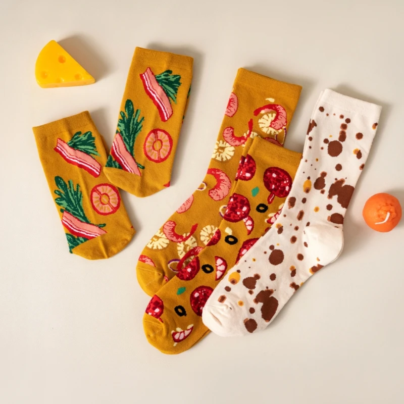 MYORED 12 pairs of new pizza socks cartoon cute men's cotton midtube socks autumn and winter fashion trend net red socks