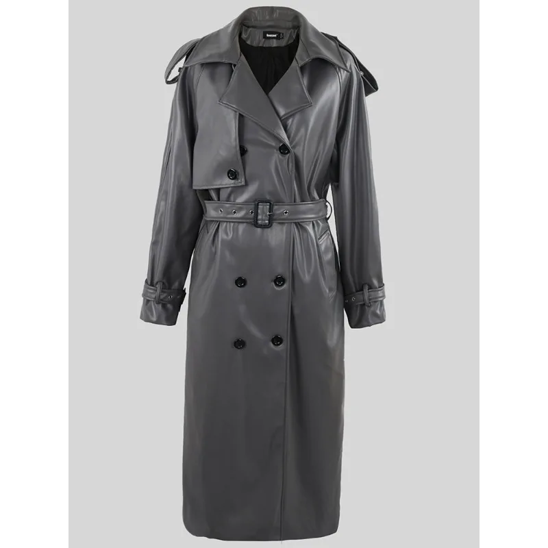 2023 New Women Belt Double Breasted Loose Luxury Overcoat Spring Autumn Long Cool Black Pu Leather Trench Coat Long Warm Jacket