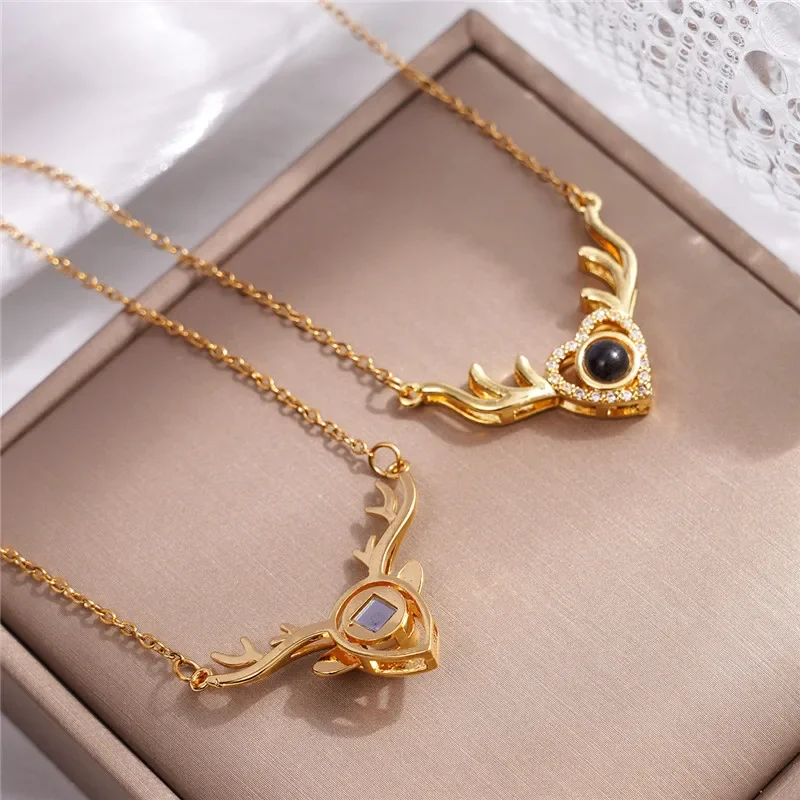 High Grade Antler Zircon Pendant Necklace Stainless Steel Chain 100 Language I Love You Choker Jewelry Couple Gifts For Women