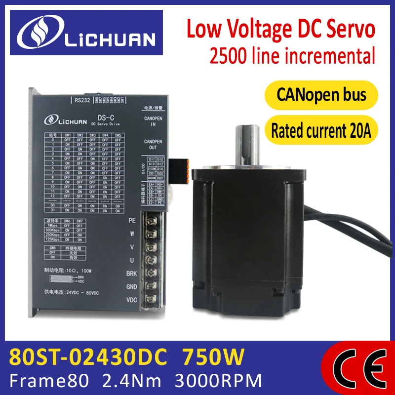 NEW Lichuan CANOPEN 750w dc servo motor 48v 2.4N.M with DC servo driver with 3M cable for CNC Kit