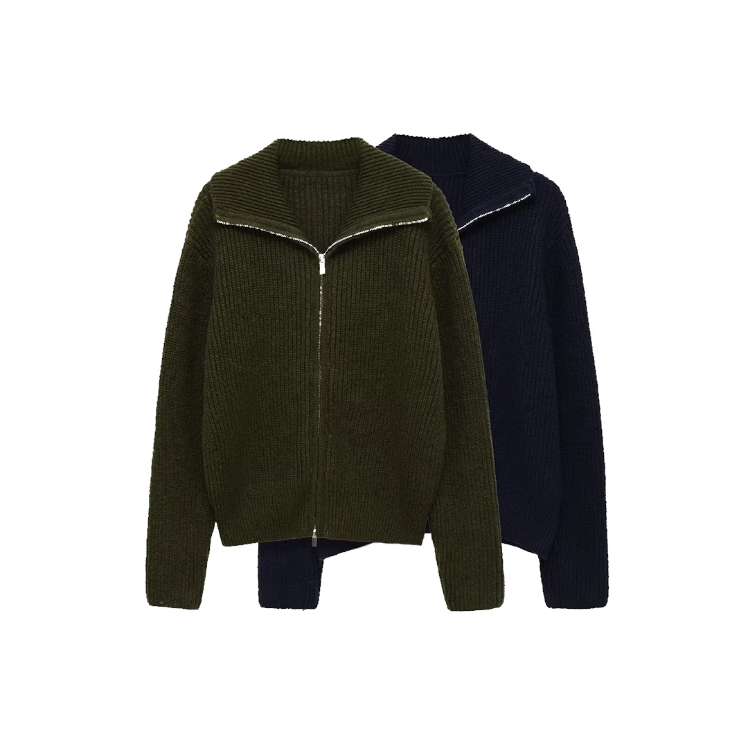 KASLEAD New Women's Faion Simple Loose Zipper Knitted Sweater Jaet Polyester Fiber Long Sve Open Cardigan