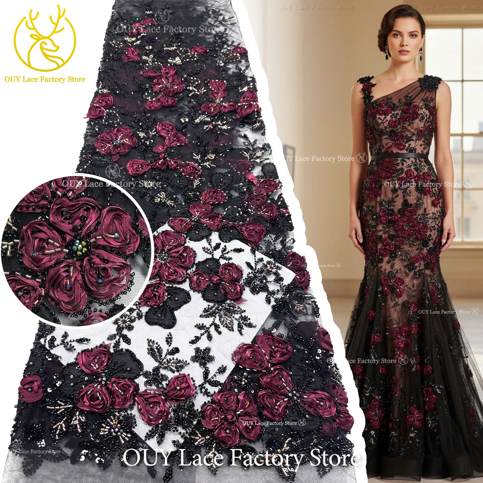 3D Blumen Afrikanische Pailletten Perlen Spitzenstoff Hochwertige Französische Tüllspitze 2026 Abendkleid Hochzeitskleid Nähen