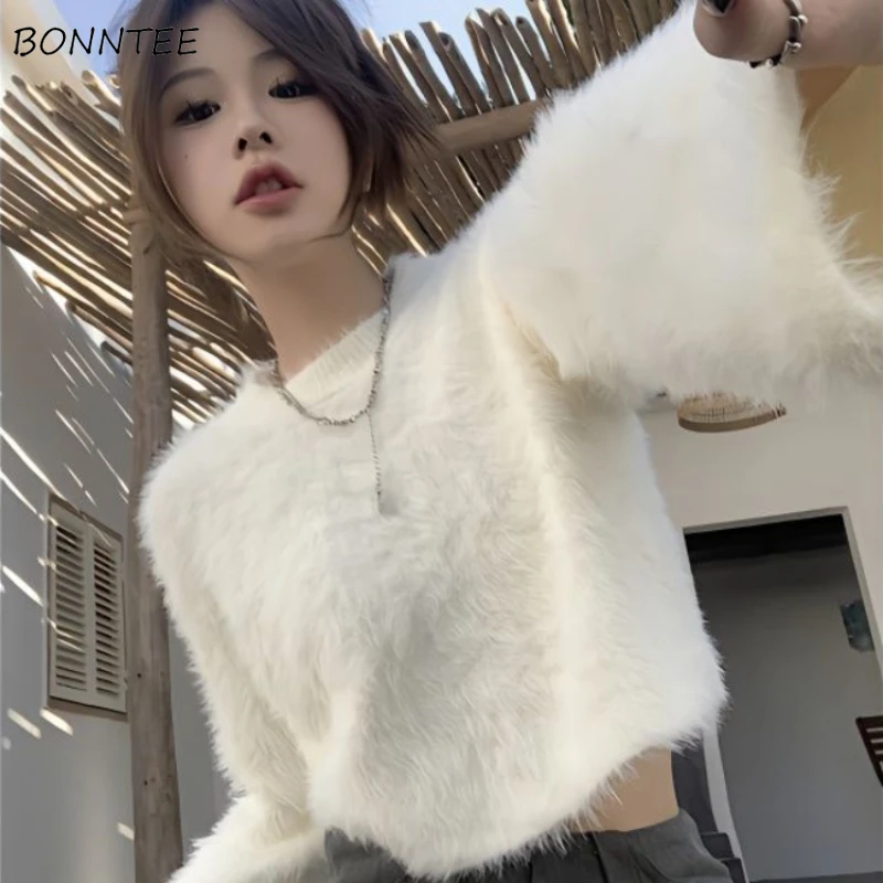 

Solid Soft Pullovers Women Fluffy Ladies Cropped Tops Long Flare Sleeve Knitted Sweaters Autumn Winter Warm Cozy O-neck Loose