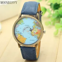 2022 Fashion Global World Map Plane Denim Fabric Band Watch Casual Men Women Wristwatches Quartz Watch Gift Horloges Relógio