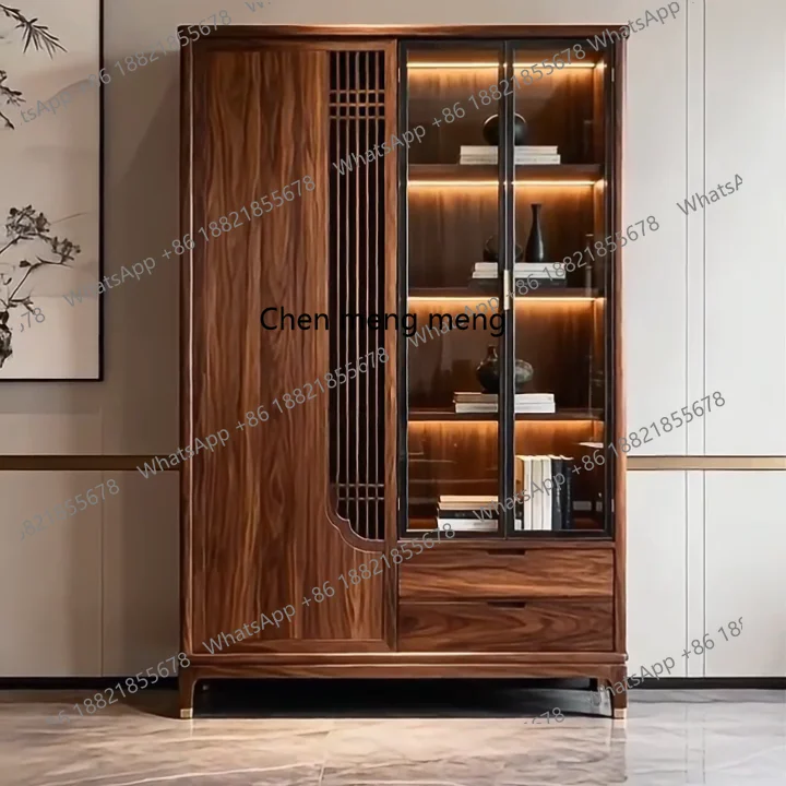 

Bookcase Black Walnut Storage Wine Cabinet Wall-Mounted Living Room Display Cabinet High-End Villa Solid Wood Furniture