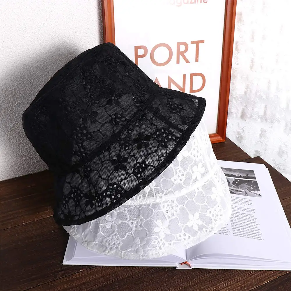 

New Summer Lace Bucket Hats Female Vintage Mesh Thin Breathable Flower Hollow Sun Hat Sunscreen Sunshade Hat