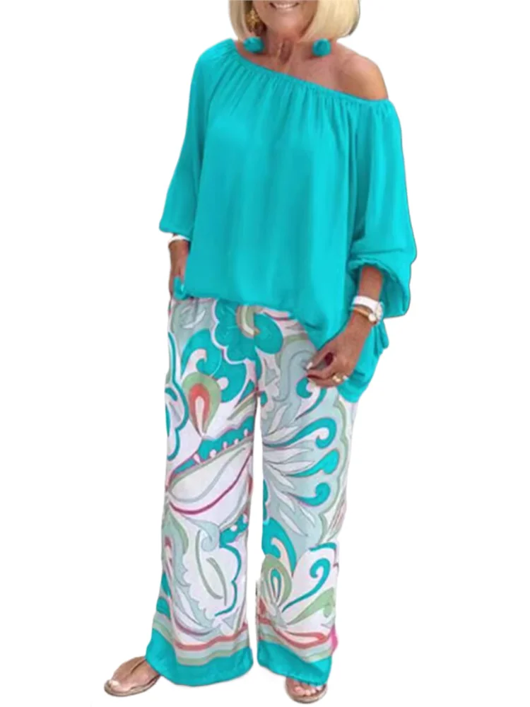 

Spring Summer Elegant Sexy Off Shoulder Two Piece Set For Women Loose Printed Wide Leg Pants Lady Casual Vacation Sets 2024 New