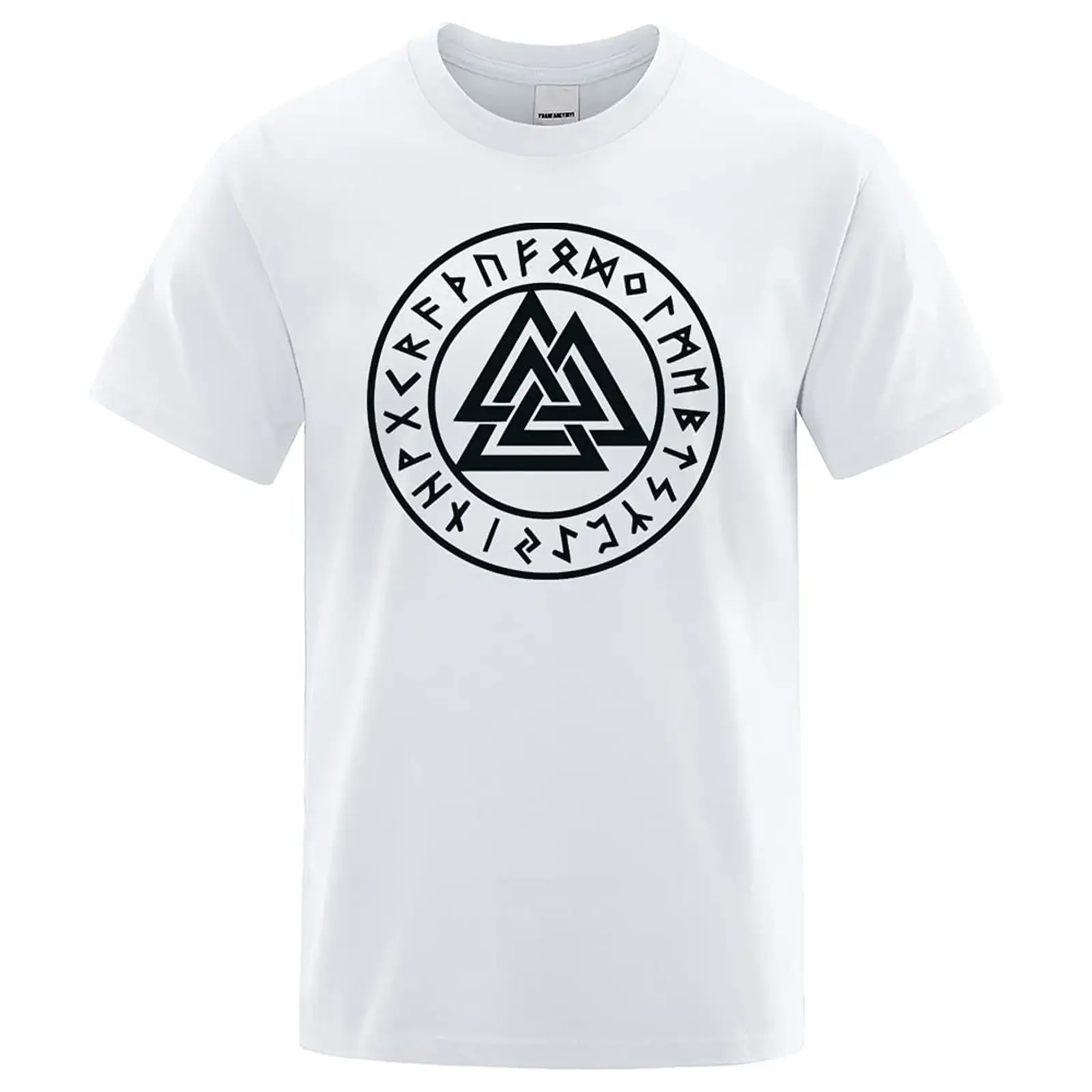 Men's Viking Valknut Runes Print Cotton T Shirt Casual  Crew Neck Nordic Mythology Basic vintage Washed Versatile fashion
