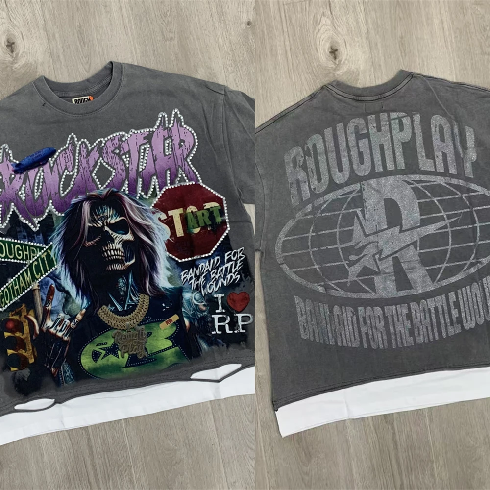 

Футболка ROUGHPLAY Thriller с принтом черепа в готическом стиле Харадзюку в стиле хип-хоп с вышивкой ROUGH PLAY, мужская свободная повседневная футболка с короткими рукавами