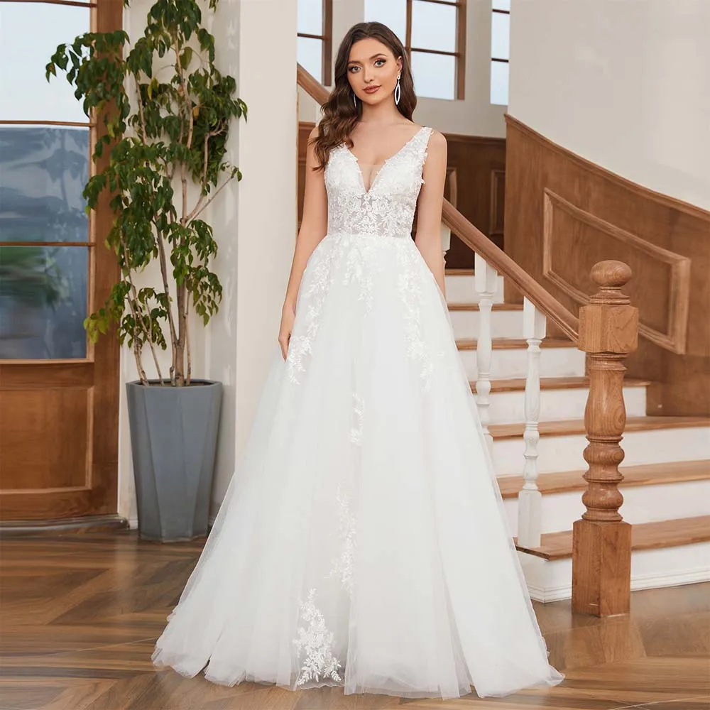 

Wholesale Superfine Wedding Dress 2024 Elegant Wedding Ball Gown V-neck Mesh Backless Zipper Vestido De Noiva QW01590