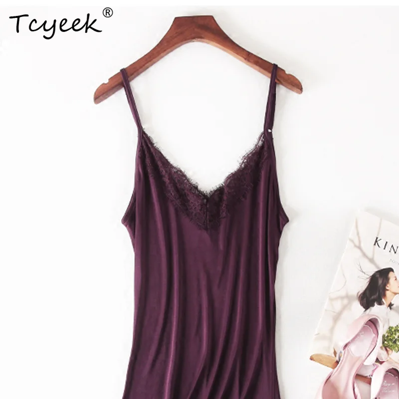 Tcyeek ฤดูร้อน 30% ผ้าไหมธรรมชาติ 70% เหนียวชุดผู้หญิงถักลูกไม้ปรับสายคล้องคอ Slim PAJAMA ชุด D36322JM