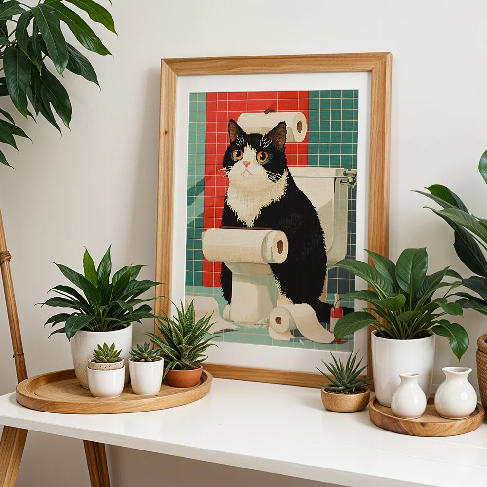 Abstract Playful Cat On Toilet Canvas Wall Art,2D Print,Wall Decor For Bathroom Living Room,Charming Whimsical Aesthetic Home De