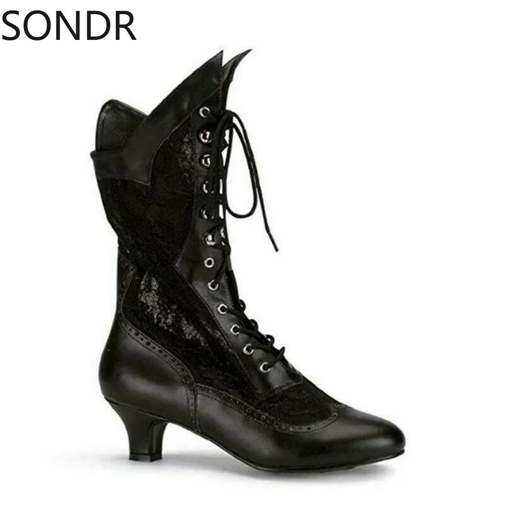 Women Victorian Pointed Toe Mid-Calf Boots Leather Lace Hollow Out Punk Lace Up Strange High Heel Shoes Plus Size