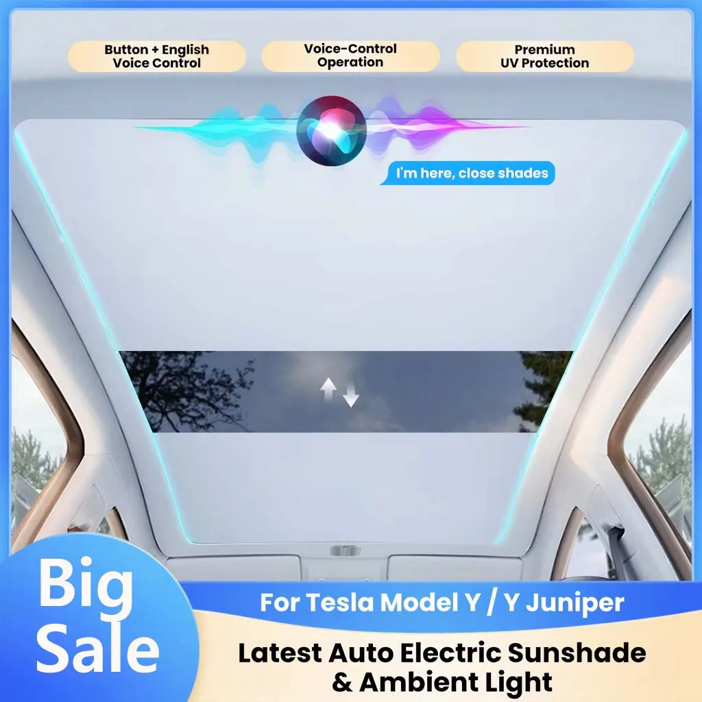 

New Voice Control Electric Sunshade for Tesla Model Y Ambient Light New Y Juniper Roof Visor Button Sunroof Sun Shade UV Protect