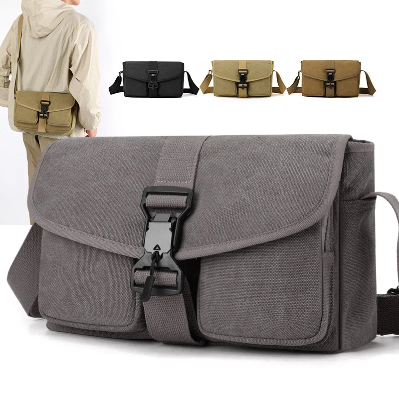 

Durable and simple canvas men's crossbody backpack, solid color flip cover lock, large capacity waterproof travel shoulder bag
