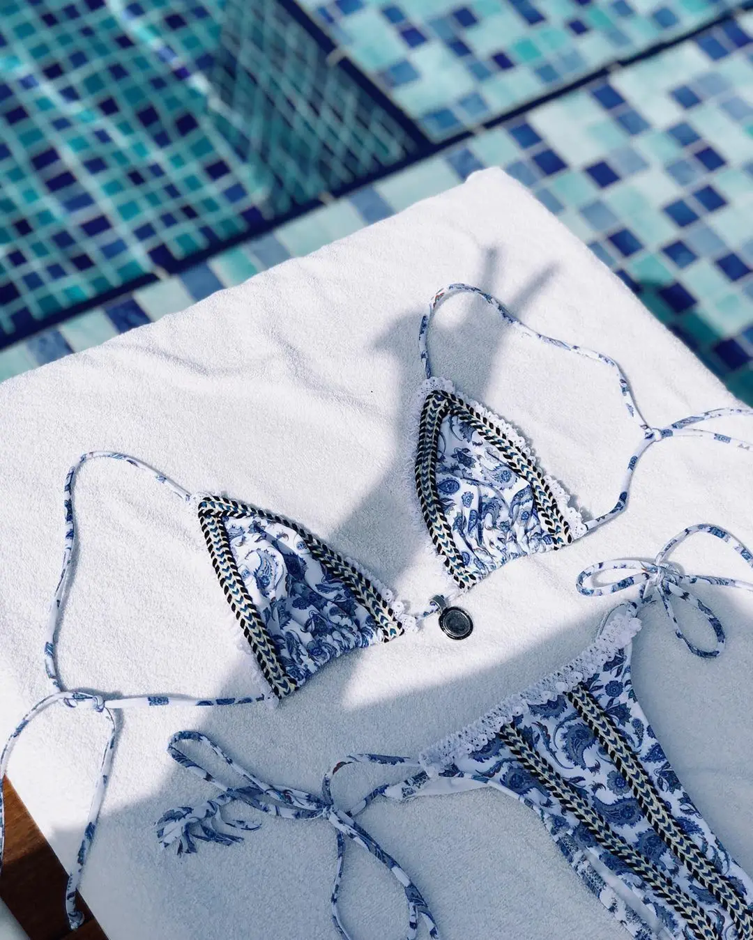 

Melphieer Summer Retro Vintage Print Lace Trim Front Halter Spaghetti Strap Bikini Swimwear Set For Women Swimming Suit Maillot