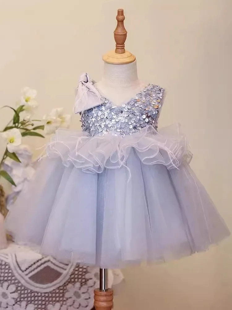 Baby Girl Blue Lace Birthday Baptism Gown Infant Sequin Lace Fluffy Costume Girl Carnival Party Dress Toddler Fashion Clothes