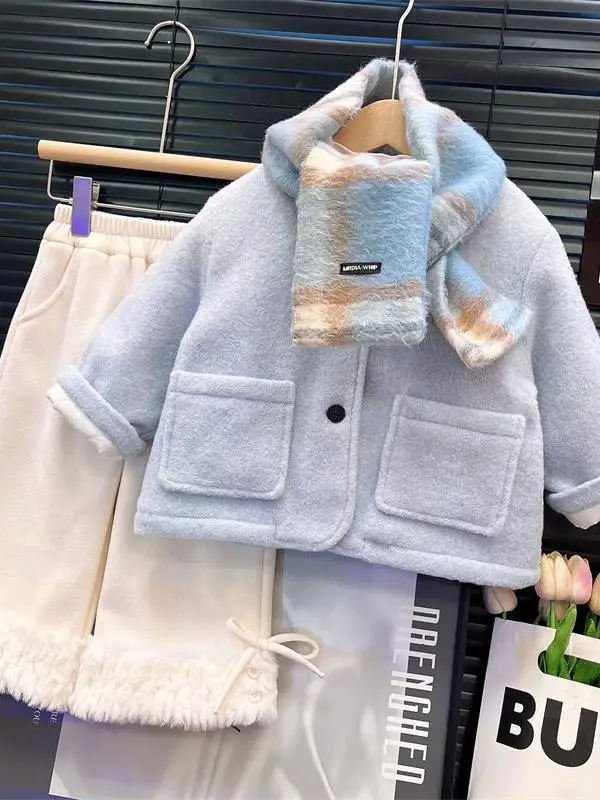 

Korean Sle Girls Woolen Cotton Jaet Winter New Arrival Warm Casual Comfortable Coat Trendy Turn-down Collar Children's Cl...