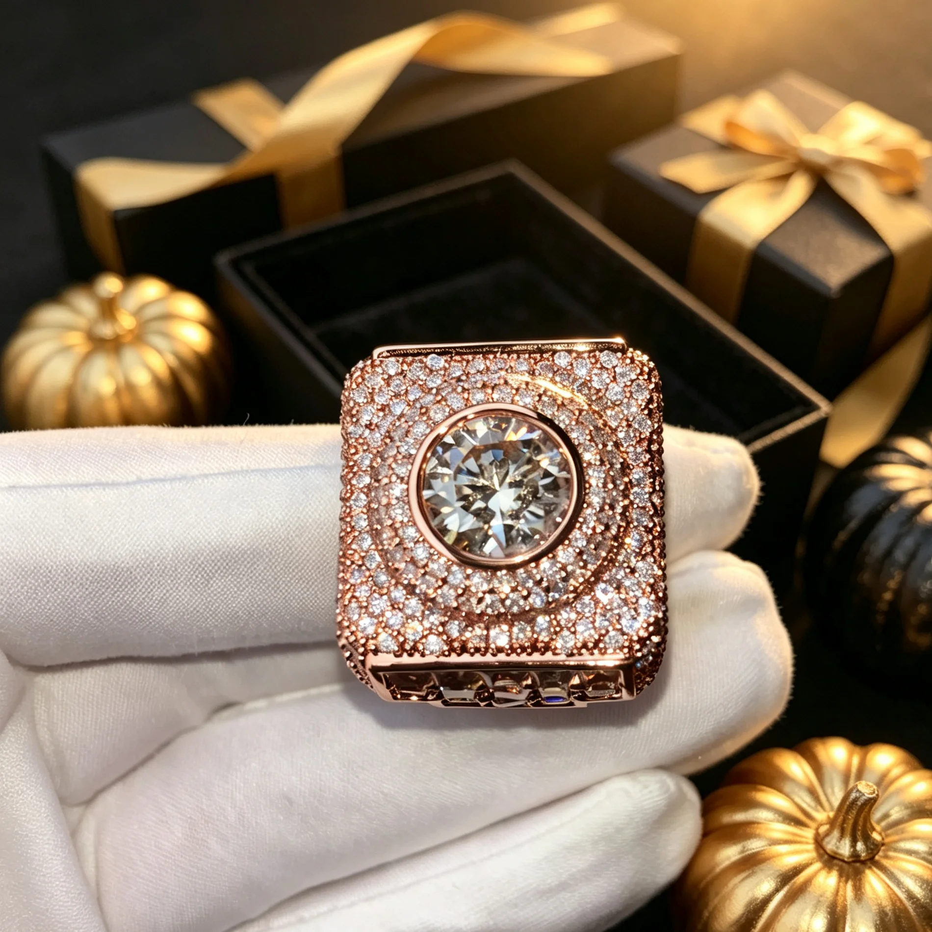 Iced Out Moissanite Square Ring for Men Rose Gold Plated Hip Hop Full Paved Moissanite Rings Luxury Bling Jewelry Halloween Gift Birthday Holiday Present Party Daily Wear Fashion Statement Ring