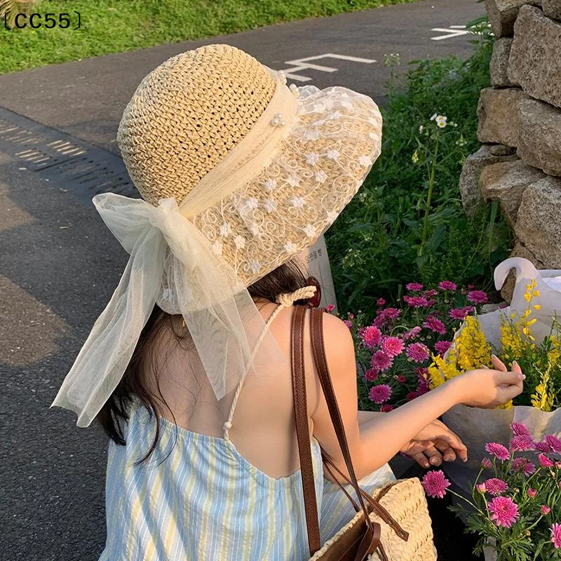 

Lace Bow Sun Hat Foldable Straw Hat Women's Summer Sun Protection Hat Hollowed-out Sun Hat〔CC55〕