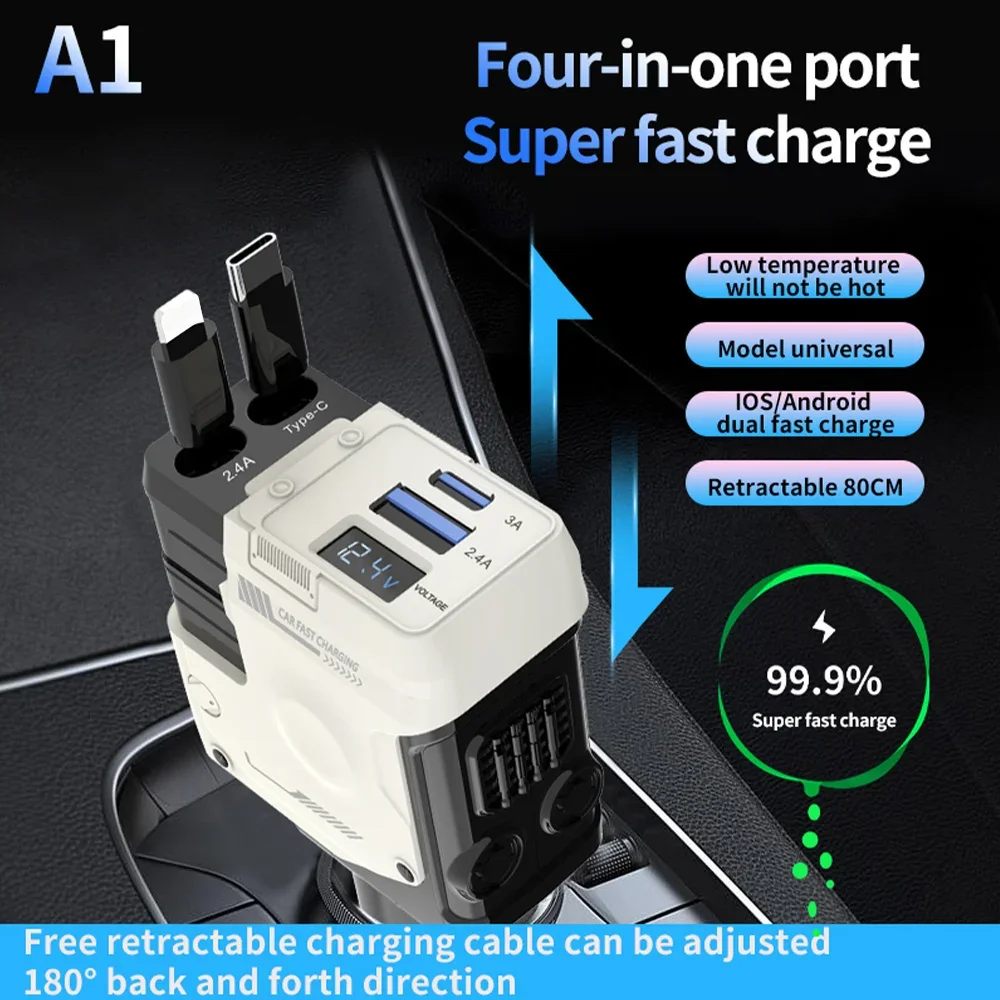 Mecha Style Retractable Car Charger, 4 in 1 Super Fast Charging Car Charger Max 66W, Retractable Cable and 2 USB PortsCarCharger