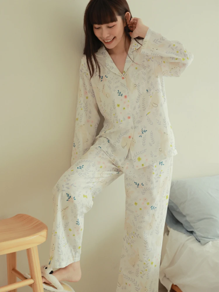 Pajama Sets Women Print Breathable Leisure Slouchy Japanese Style Cute Long Sleeve Summer All-match Hotsweet Cozy Homewear Daily