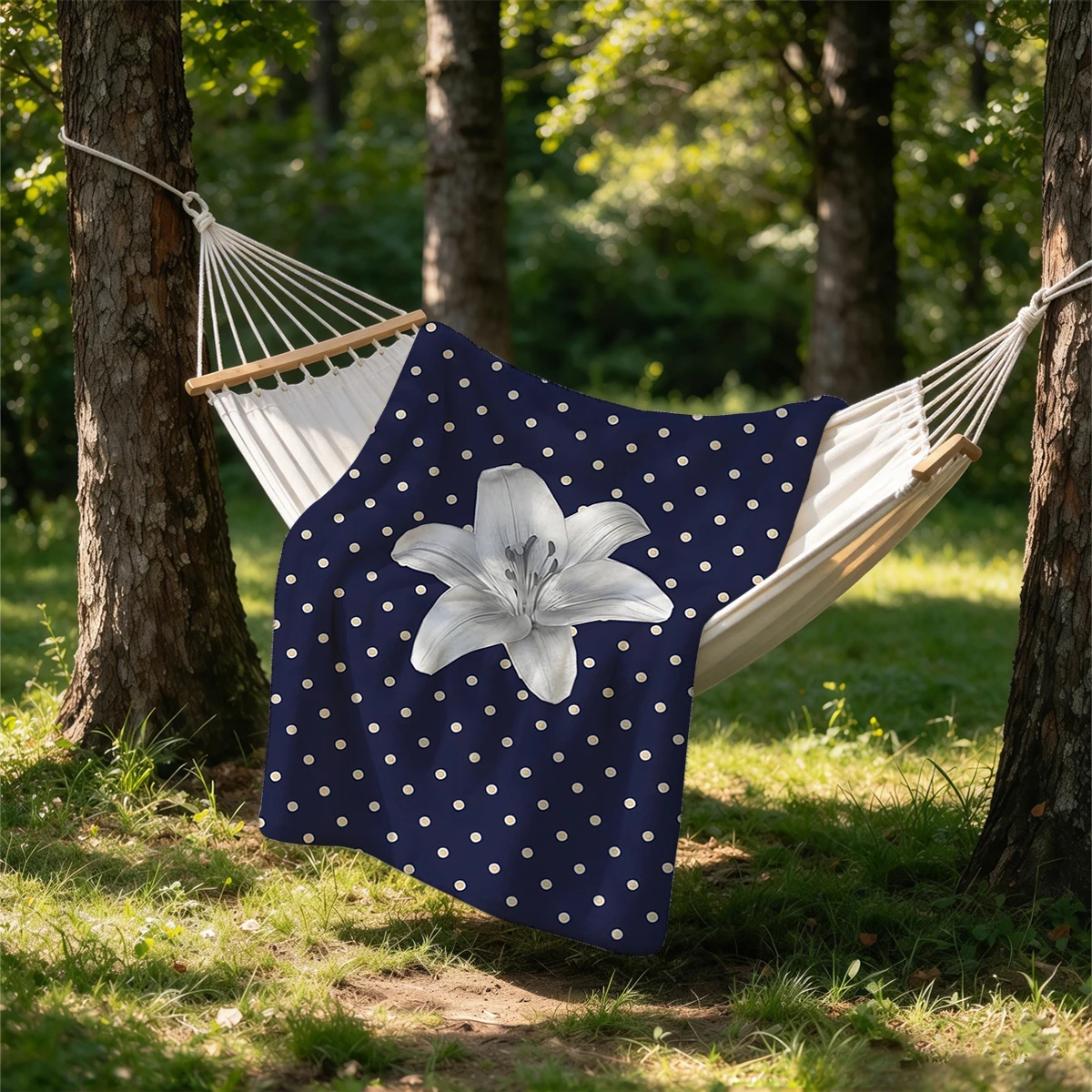 Navy Cream Dots White Lily Flannel Blanket Warm Soft Halloween Christmas Couch Warm Cozy Decorative Decor Gift for All Season