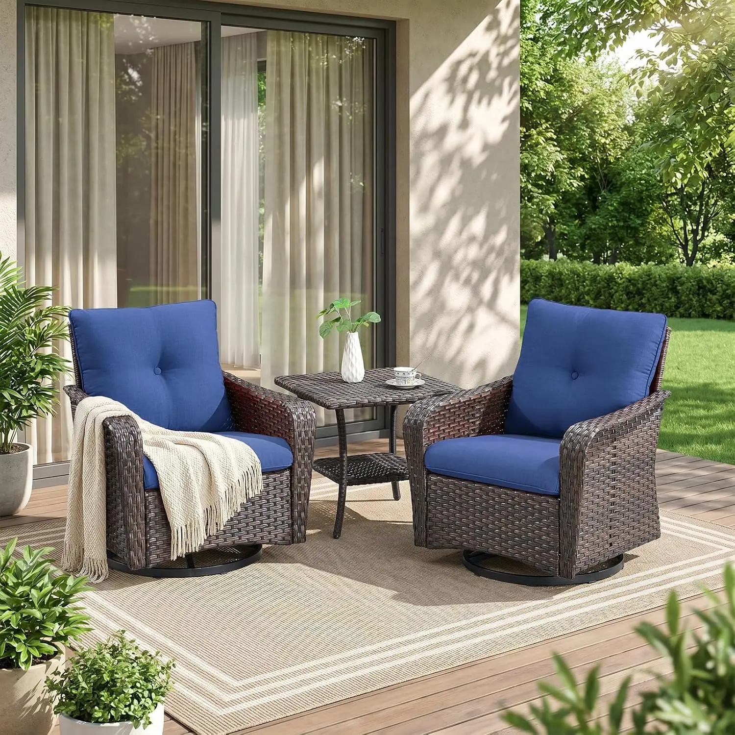 Outdoor Swivel Rocker Chair Set 3 Piece Wicker Patio Furniture with Deep Seat & Side Table for Porch Deck Garden, Customized