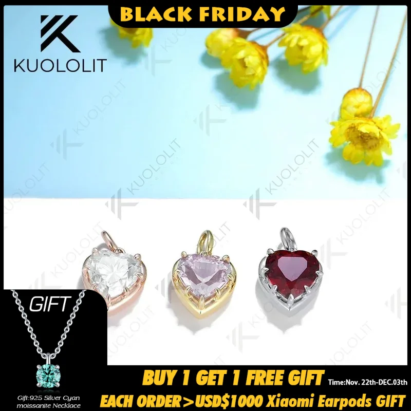 Kuololit Heart Mossanite Gemstone Pendant for Women Solid 14K 10K Gold Lab Grown Emerald Ruby Natural Peridot Pendant for Gift