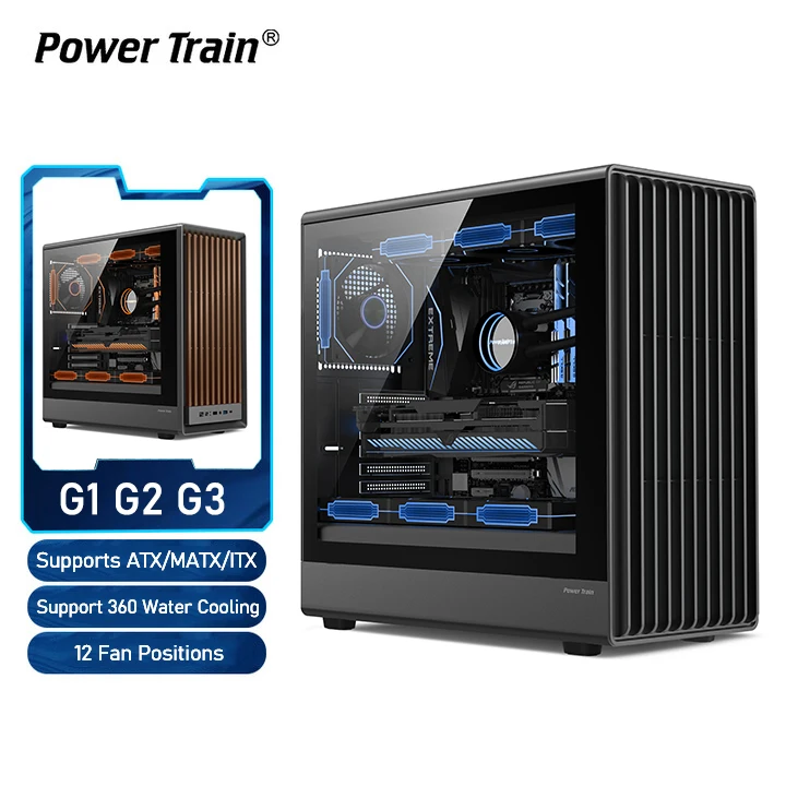 Power Train G1 G2 G3 PC Case ATX ITX M-ATX Side Transparent 360 Water Cooled Desktop Computer Case